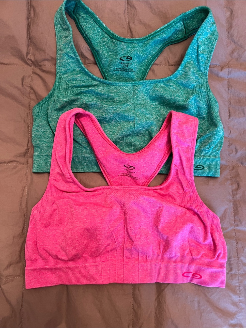 Champion Racerback Sports Bras in Teal and Hot Pink